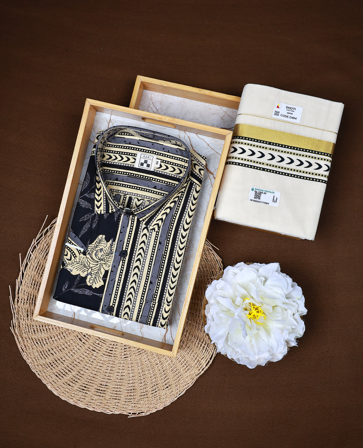 Kari Half & Half Black & Beige colour Printed Shirt with Cream Dhoti & Matching kara.