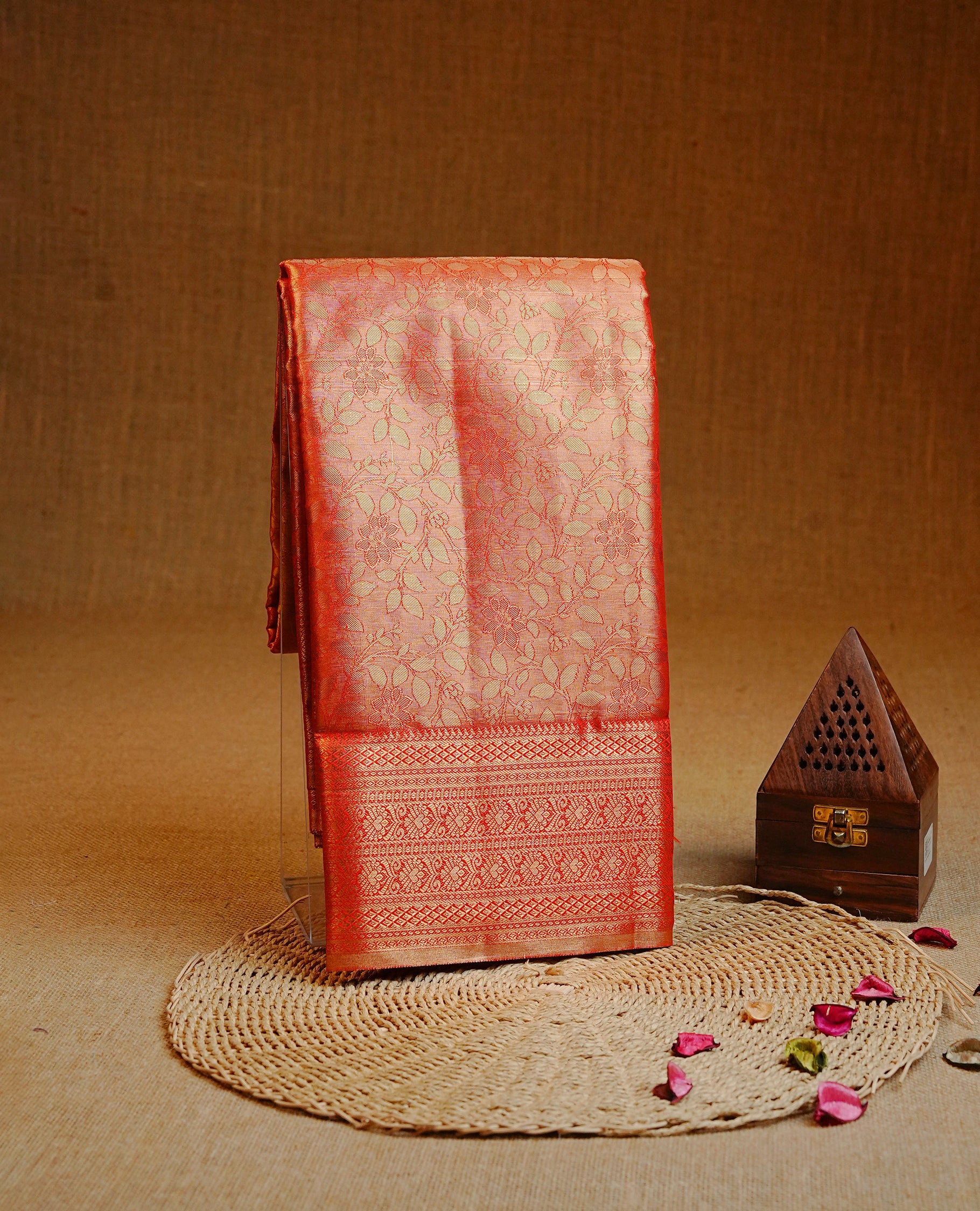 Red & Gold colour Double shade Semi tissue silk saree featuring self color kodi pattern on body, self colour with traditional border, paired with matching.
