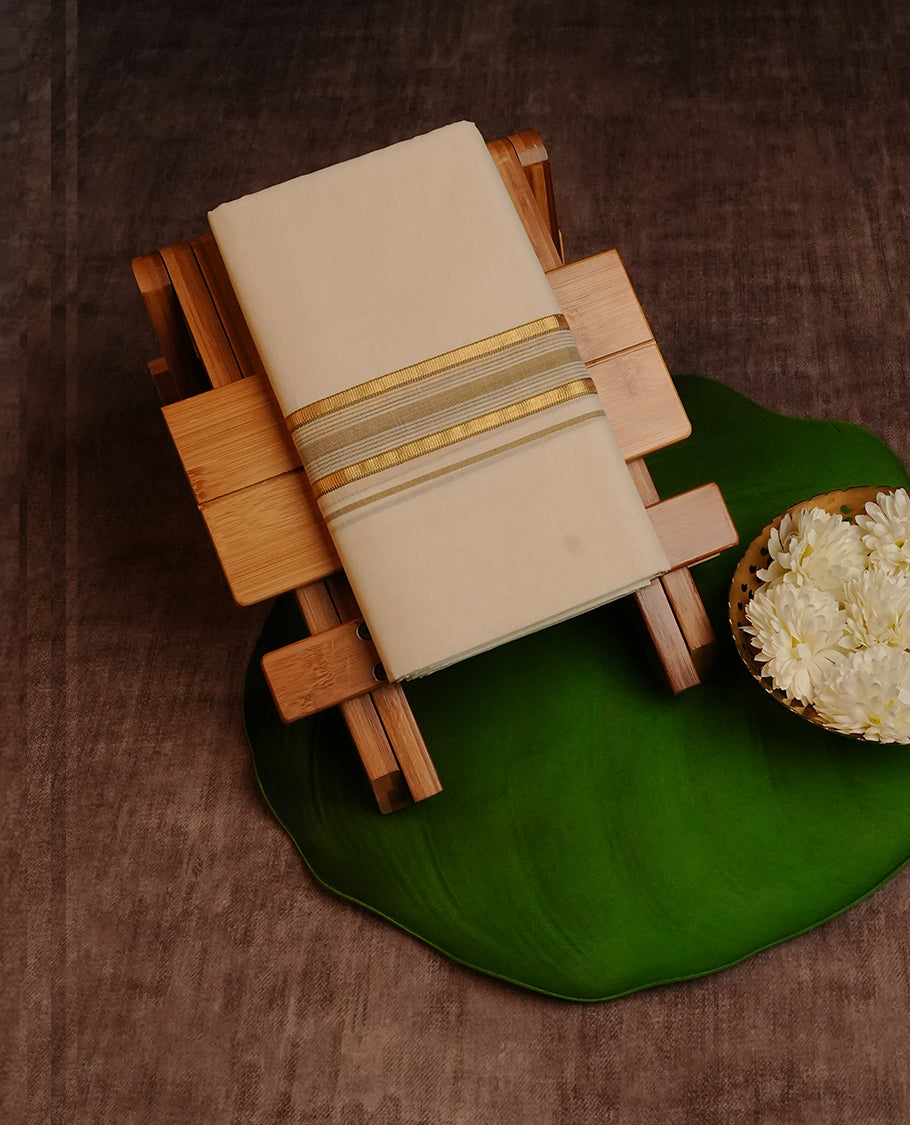 Cream Colour Cotton Double Dhoti Finished with Olive Stripes On Gold Kara