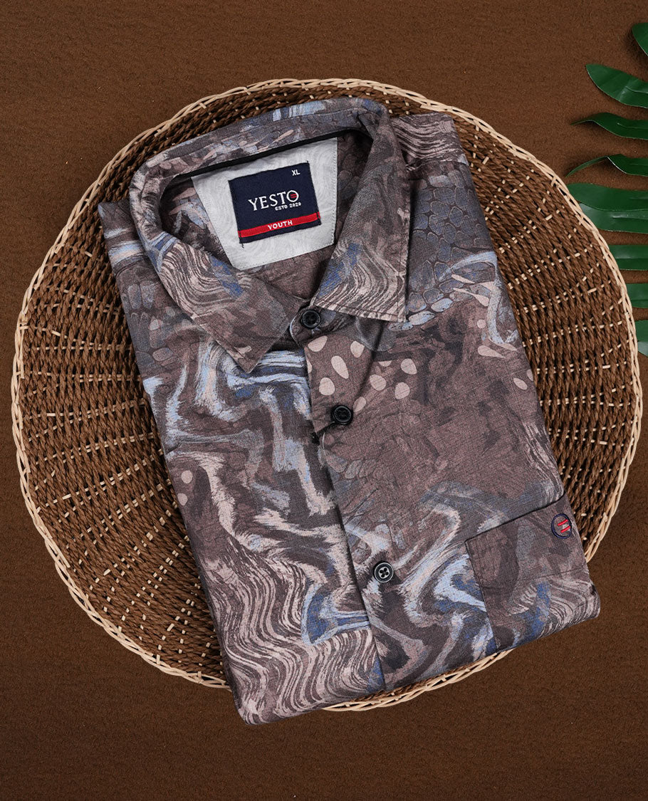 Dark Brown with Multi Colour Printed YESTO Full Sleeve Shirt for Men