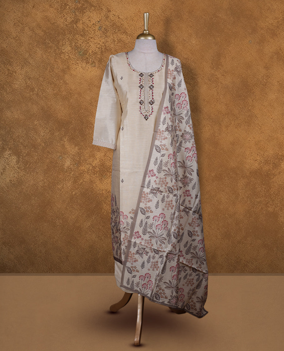 Beige colour churidar set featuring thread and cut beats embroidered neckline, sleeves, and thread embroidery on body , Paired with a matching dupatta