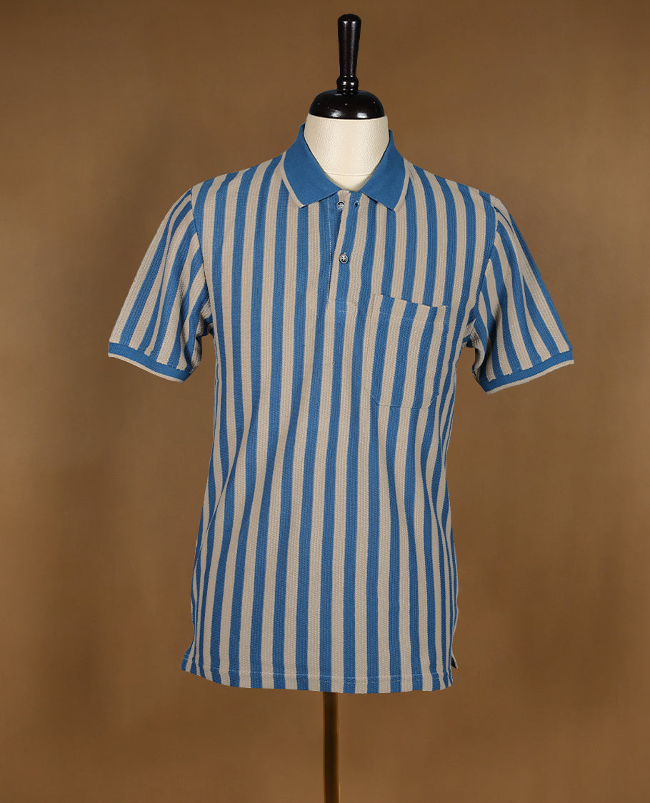 Blue and beige striped men's polo T shirt featuring a classic collar, half sleeves, button placket, and chest pocket crafted from breathable fabric for a timeless, casual, and comfortable look.