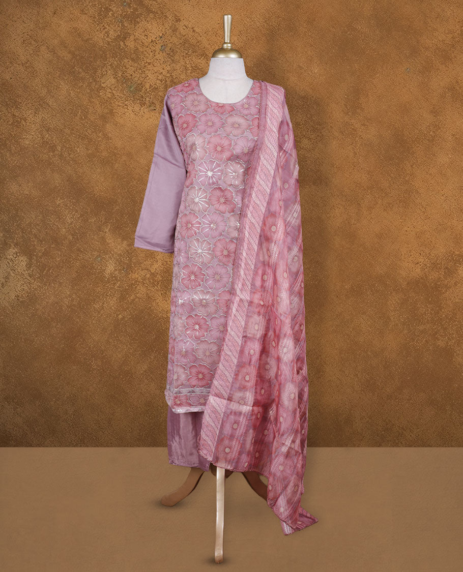 Light lavender colour churidar set featuring U neckline, sleeves, and thread embroidery printed pattern on body , Paired with a matching dupatta
