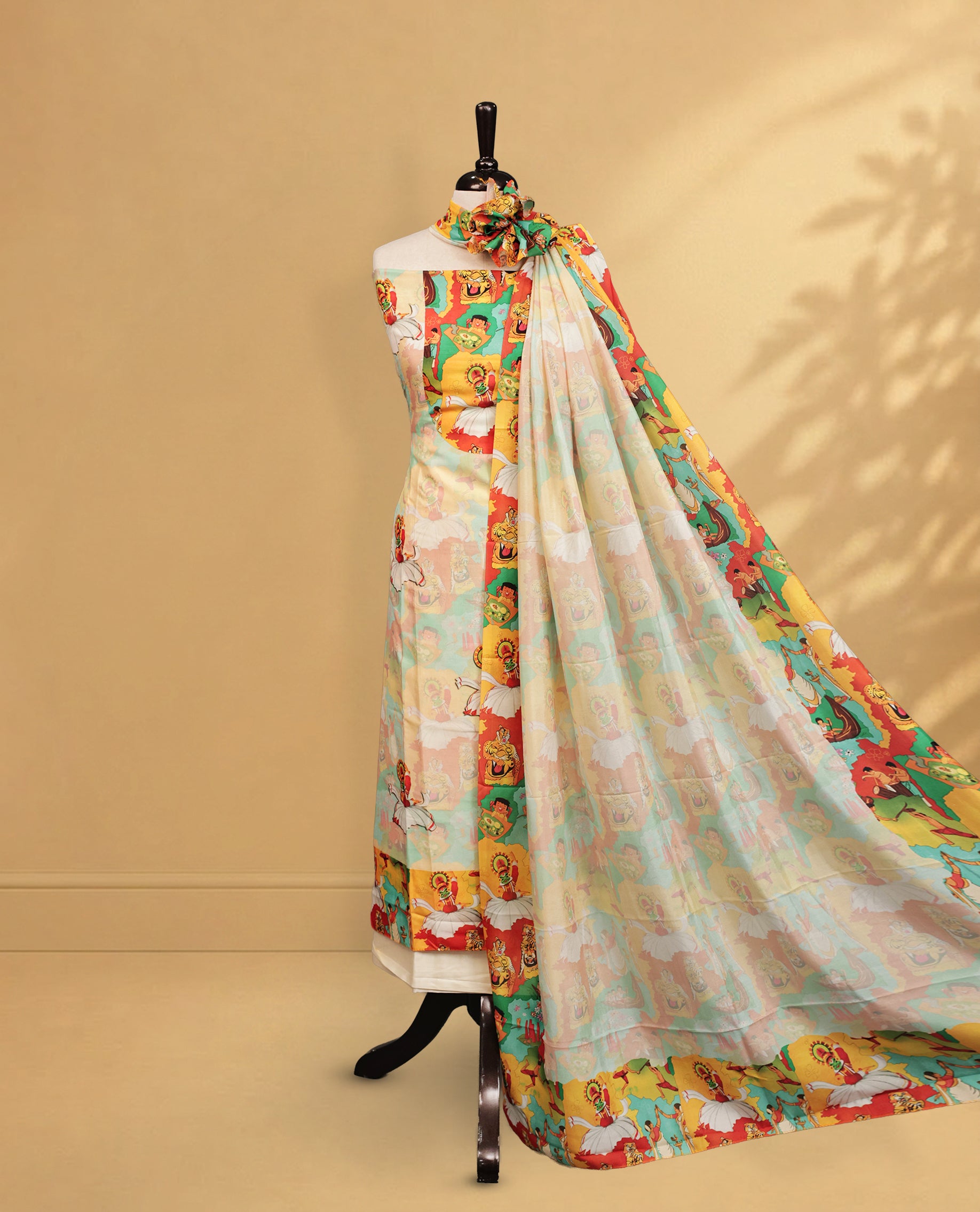Cream colour salwar material Featuring Onam Theme Print on body, paired with matching bottom & Elegant Dupatta
