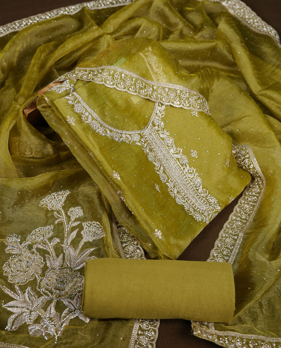 Olive green colour churidar set with stone and thread embroidery and detailing, paired with matching pant and dupatta.