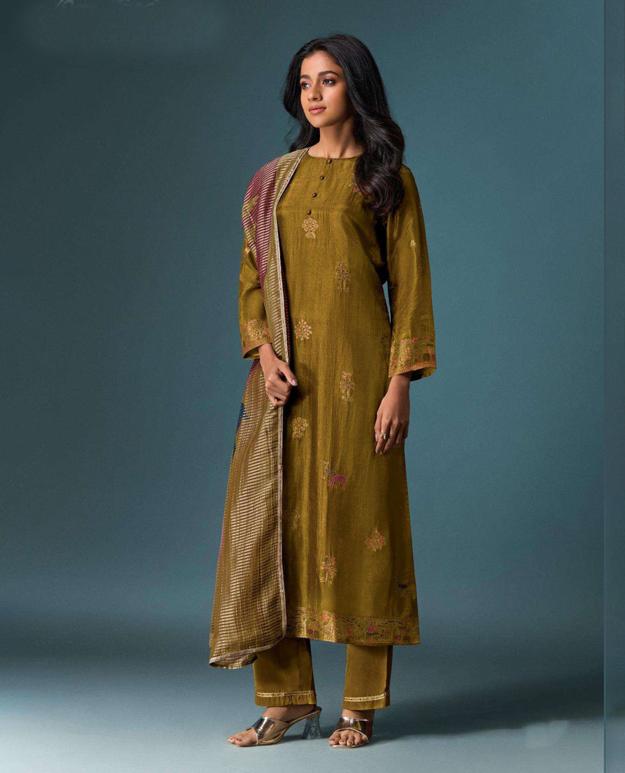 Olive colour suit material with Olivia silk jacquard top featuring elegant digital prints, paired with classic silk bottoms, and completed with a silk jari lining dupatta highlighted by digital prints