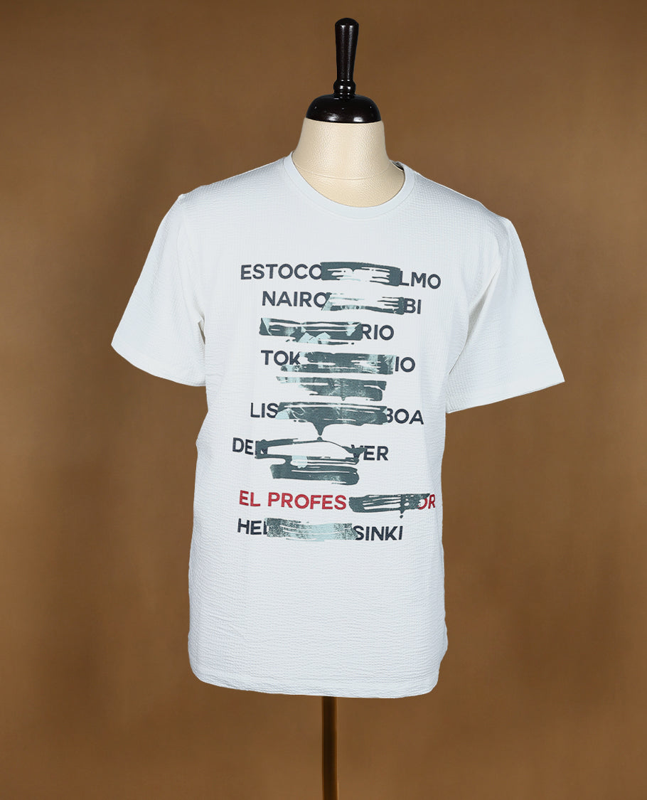 White men's graphic T shirt featuring bold text print inspired by Money Heist, with half sleeves and a crew neck, crafted from breathable soft fabric