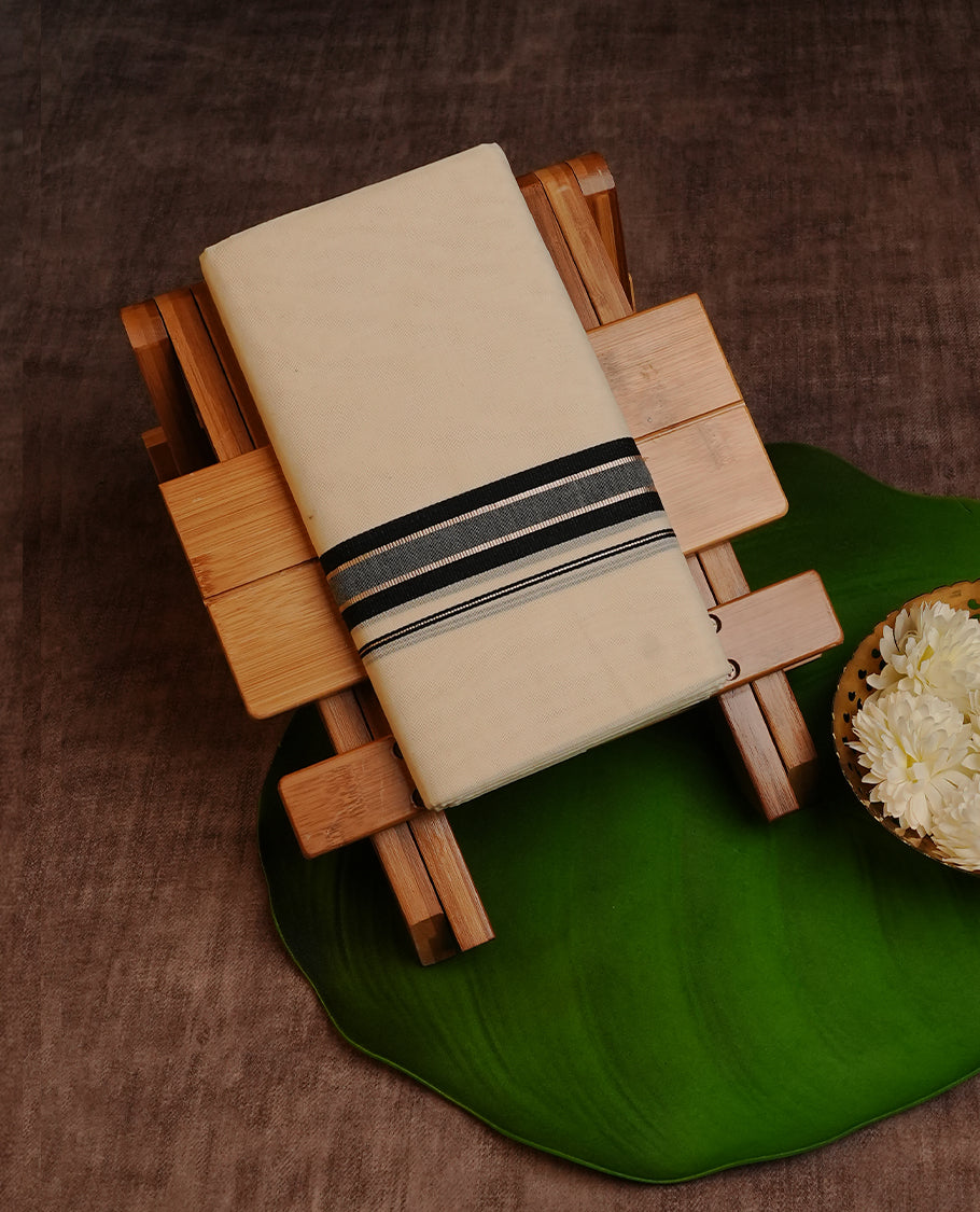 Cream Colour Cotton Double Dhoti Finished With A Classic Body and Black , Grey & Rose Gold Kara