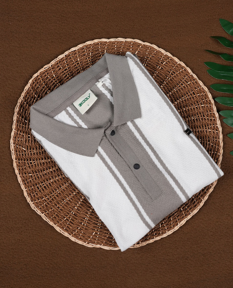 Grey and white striped men’s polo T shirt featuring a classic collar with button placket, short sleeves, and a regular fit crafted from soft, breathable fabric for everyday comfort and style