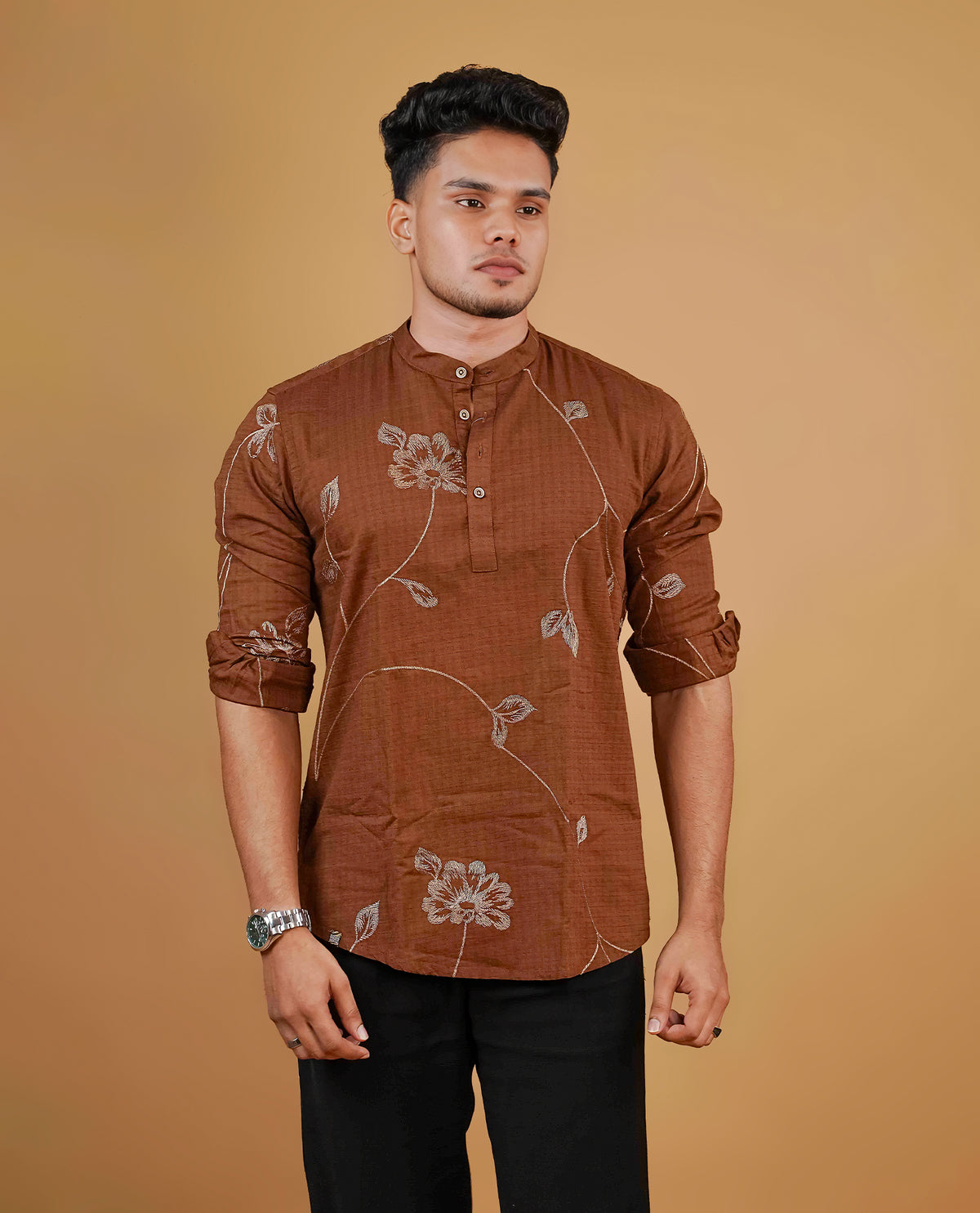 Brown colour men's kurta featuring elegant thread pattern on the body, complemented by sleeves for a refined and festive look.