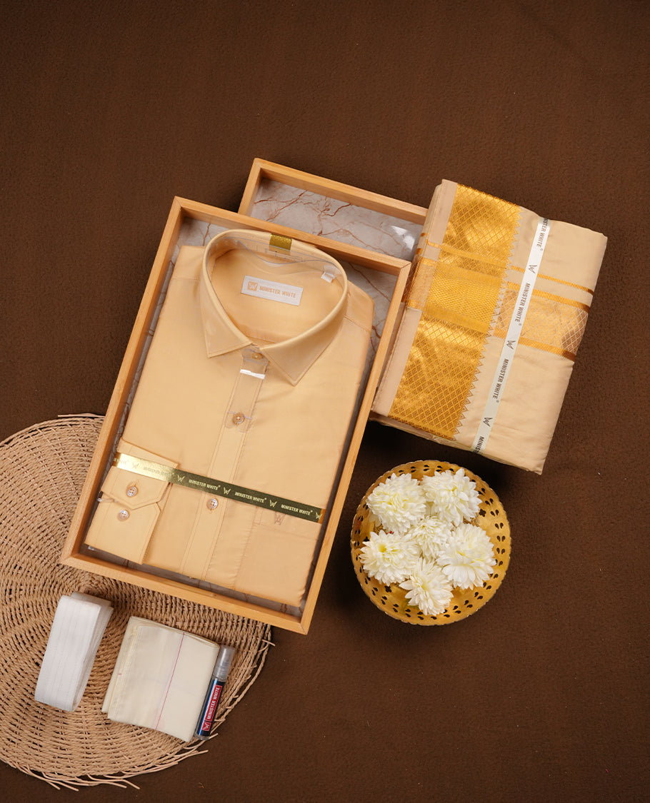 Medium Gold colour MINISTER WHITE shirt paired with a matching dhoti, finishing with a Gold border