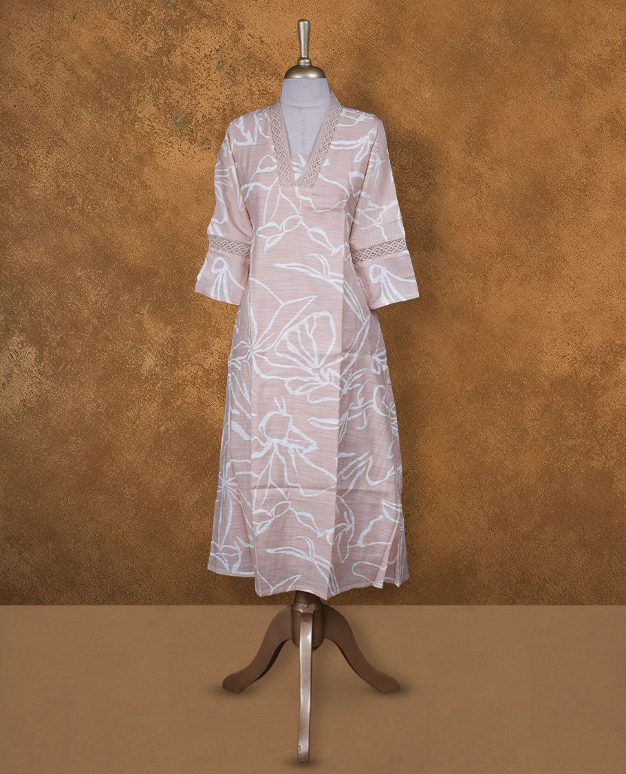 Cream tan colour kurti with white colour floral pattern, knee length design, styled with a V neckline and a sleeve .