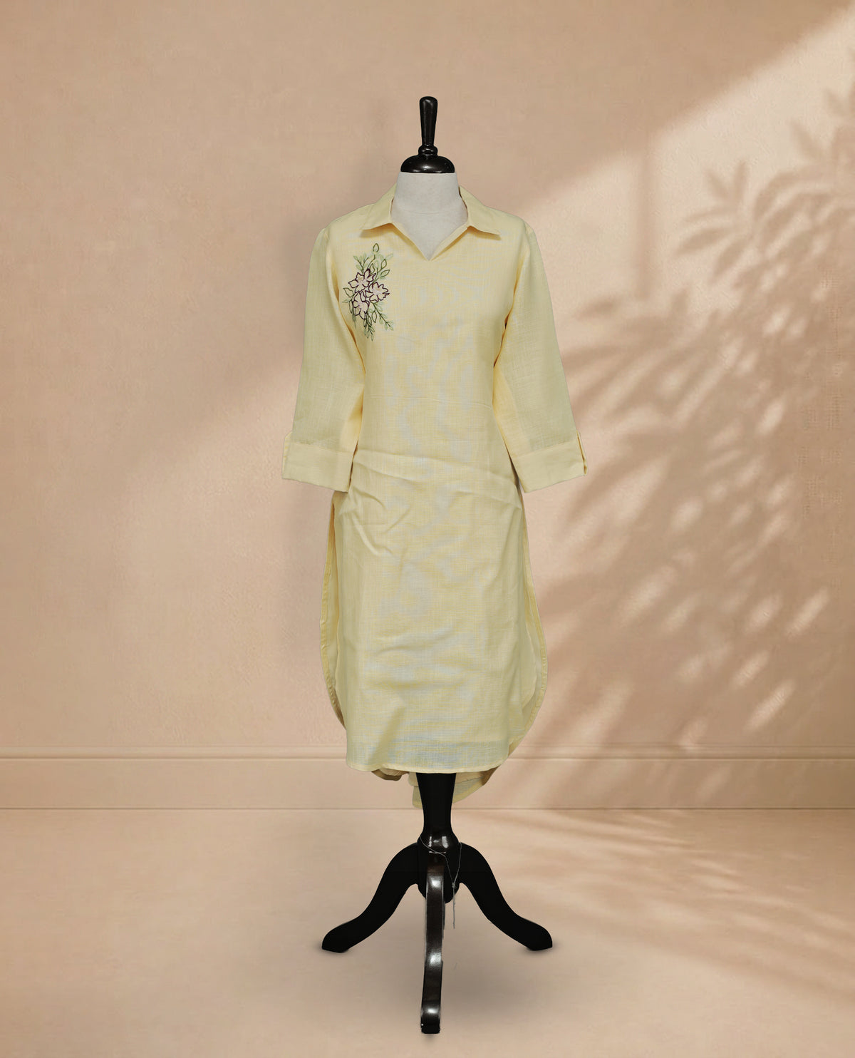 Yellow Colour Kurti with Floral Embroidery, Collared V-Neck and Sleeves