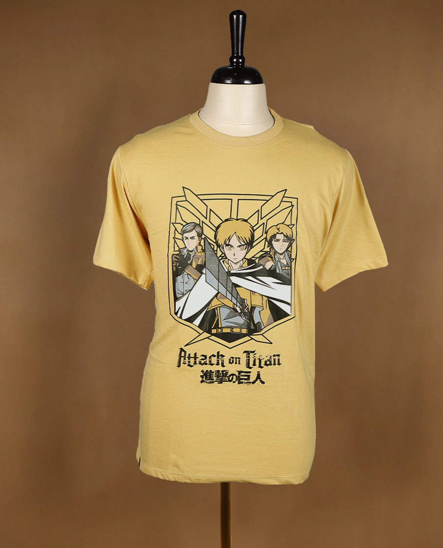 Mustard colour men's T shirt featuring bold anime character print with Japanese text, made from soft fabric with half sleeves and a crew neck for a stylish and comfortable fit