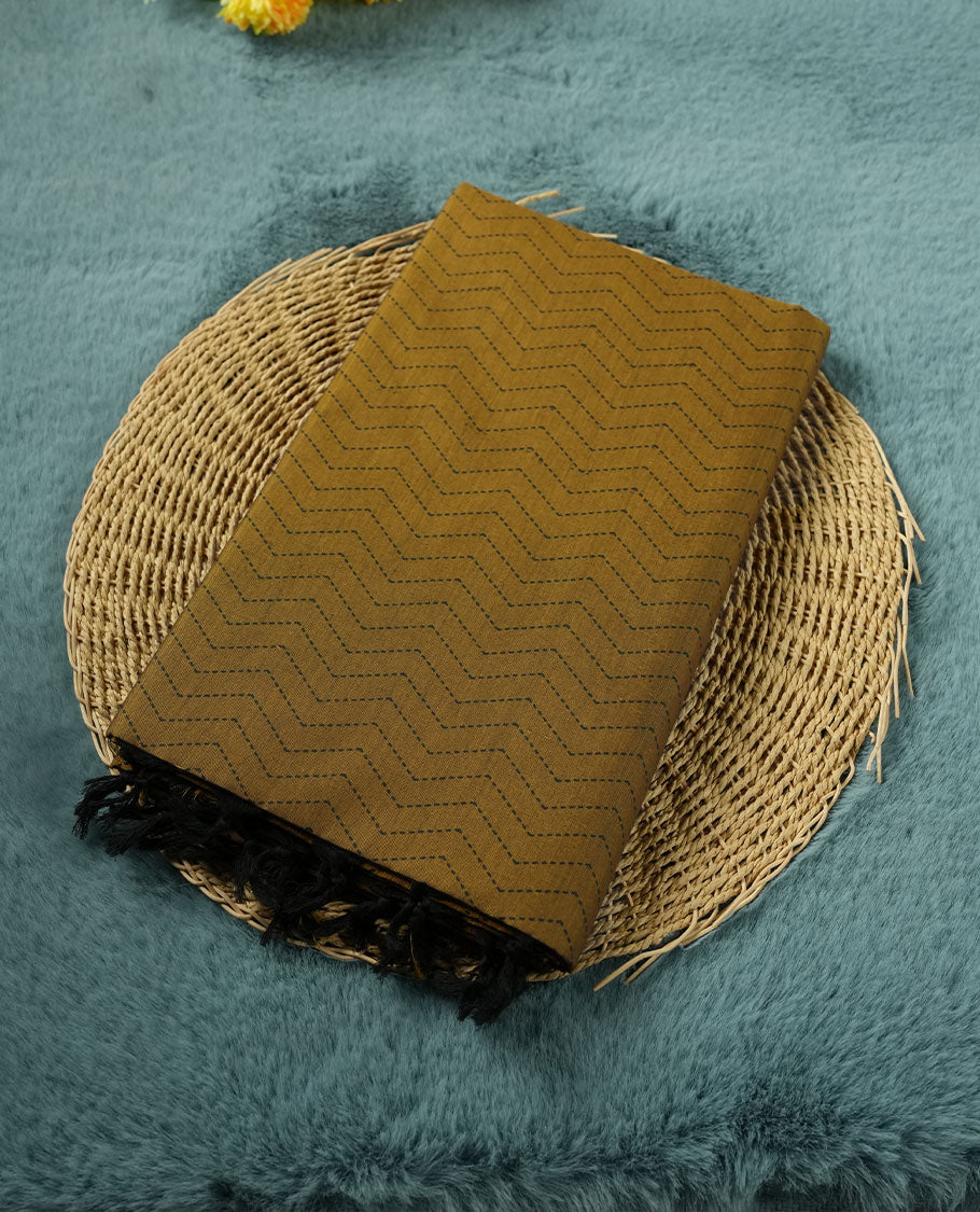 Dark Mustard Yellow Poly Cotton Saree with Black Zigzag Body Pattern, Matching Pallu in Black Chevron Lines & Panelled Floral-Paisley Design, and Coordinated Floral Paisley Printed Blouse Piece.