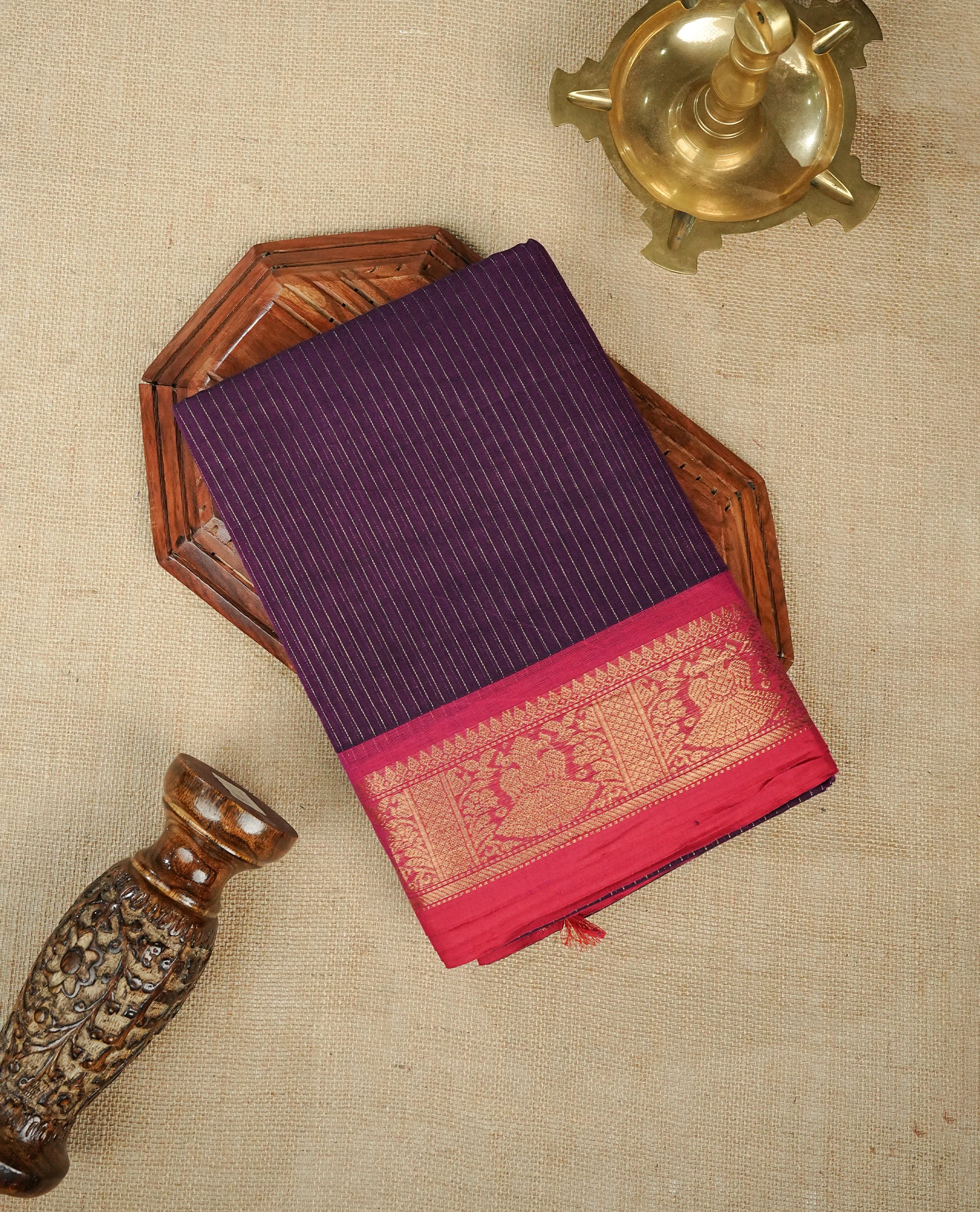 Purple Colour Chettinad Cotton Saree Featuring Gold Zari Stripes on the Body, Complemented by a Gold Zari Border and a Contrast Colour Striped Pallu, Paired with a Matching Blouse Piece.