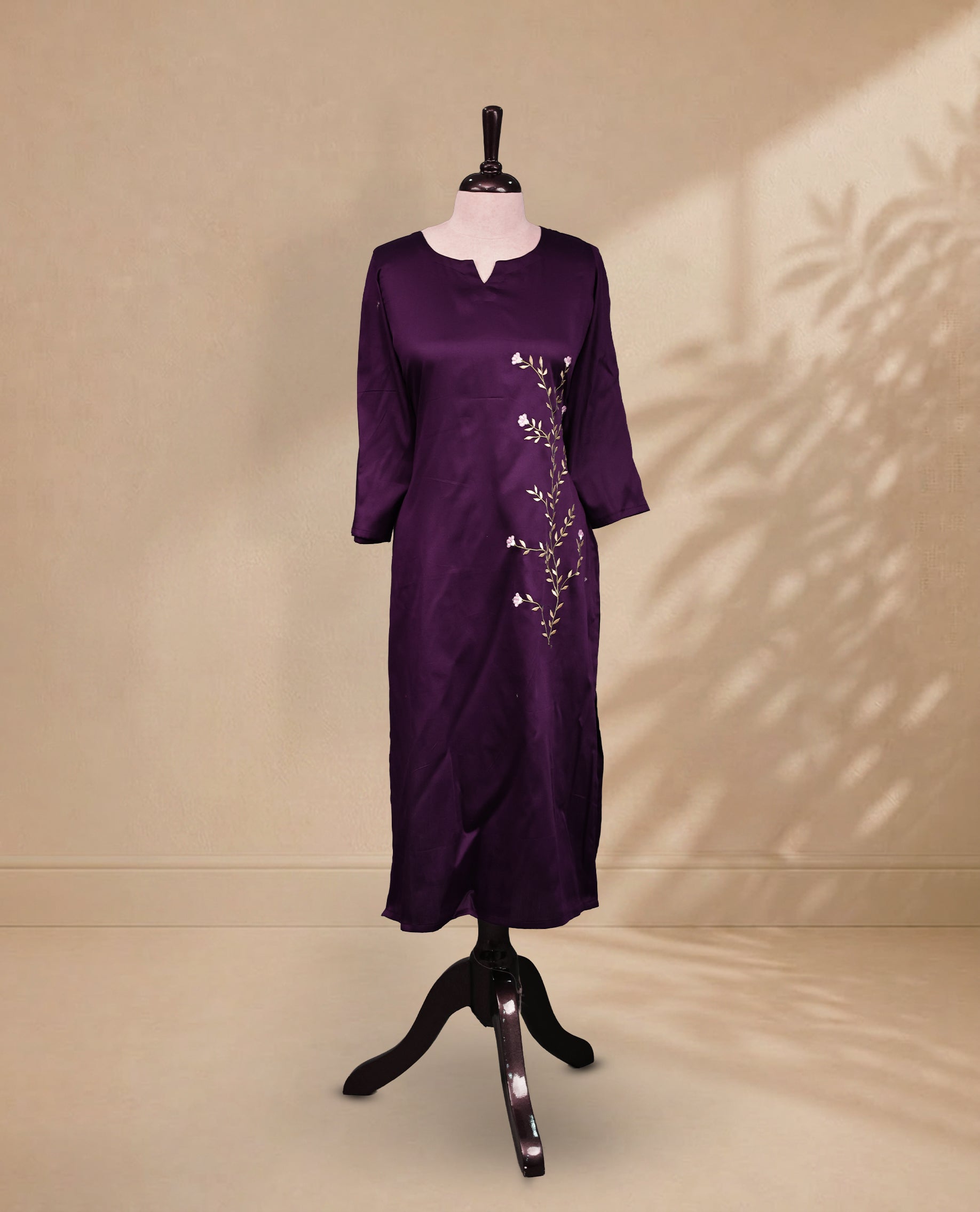 Violet Colour Kurti Featuring U-Shaped Neckline, delicate floral vine embroidery Work On Body & Sleeve