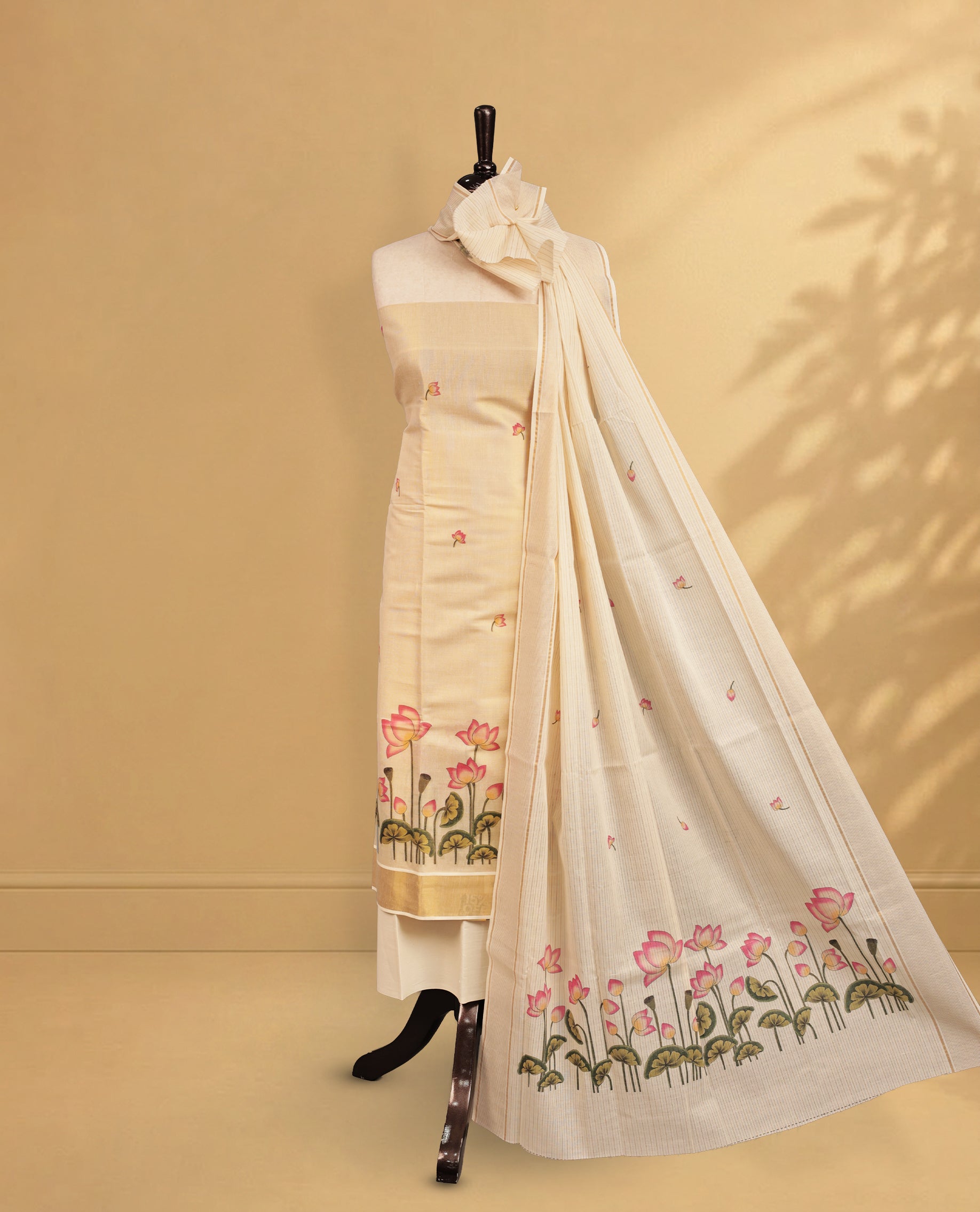 Cream Colour Tissue Salwar Material Featuring Floral Print on body, paired with matching Bottom & Elegant Dupatta.
