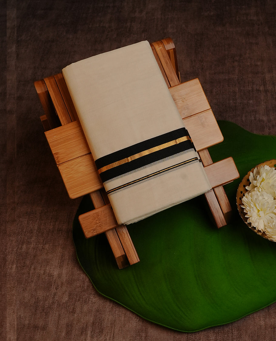 Cream Colour Cotton Double Dhoti Finished With Classic Black & Gold Kara
