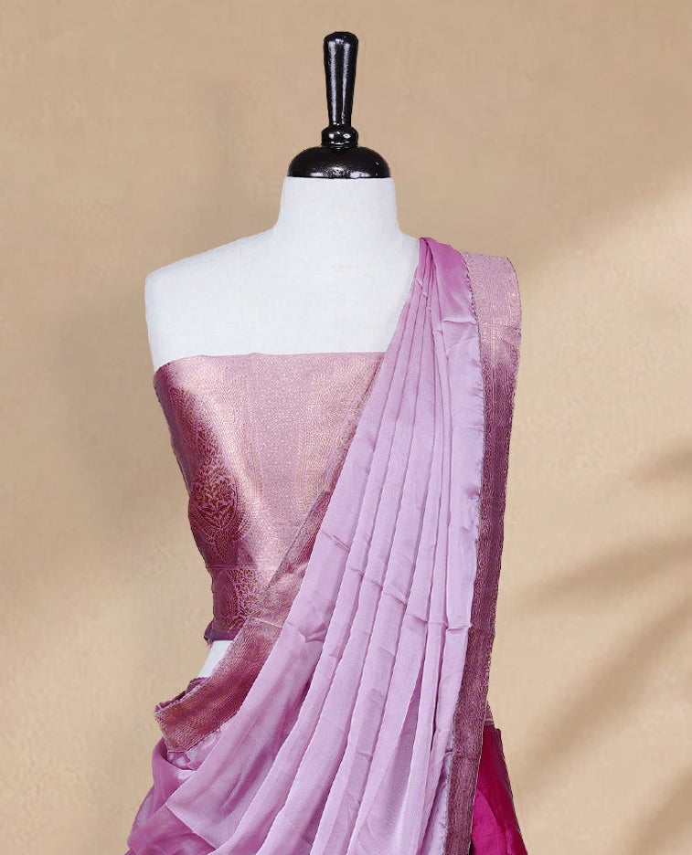 Magenta colour Half saree featuring Plain skirt with Zari border on contrast Light pink colour border, Unstitched Blouse and matching dupatta.