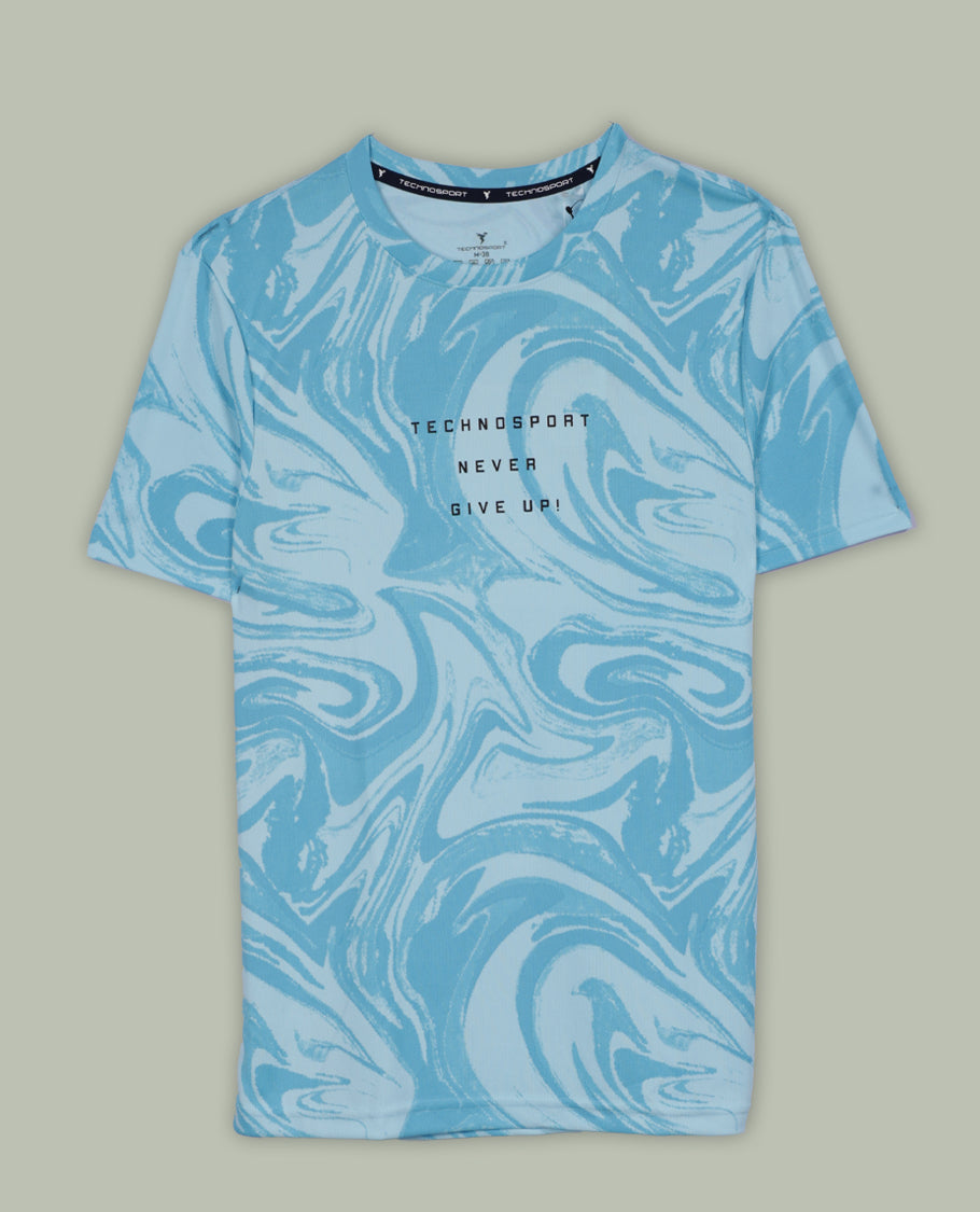 Sky blue colour T shirt featuring a subtle self print design, comfortable short sleeves, and a classic round neck for a casual, stylish look.