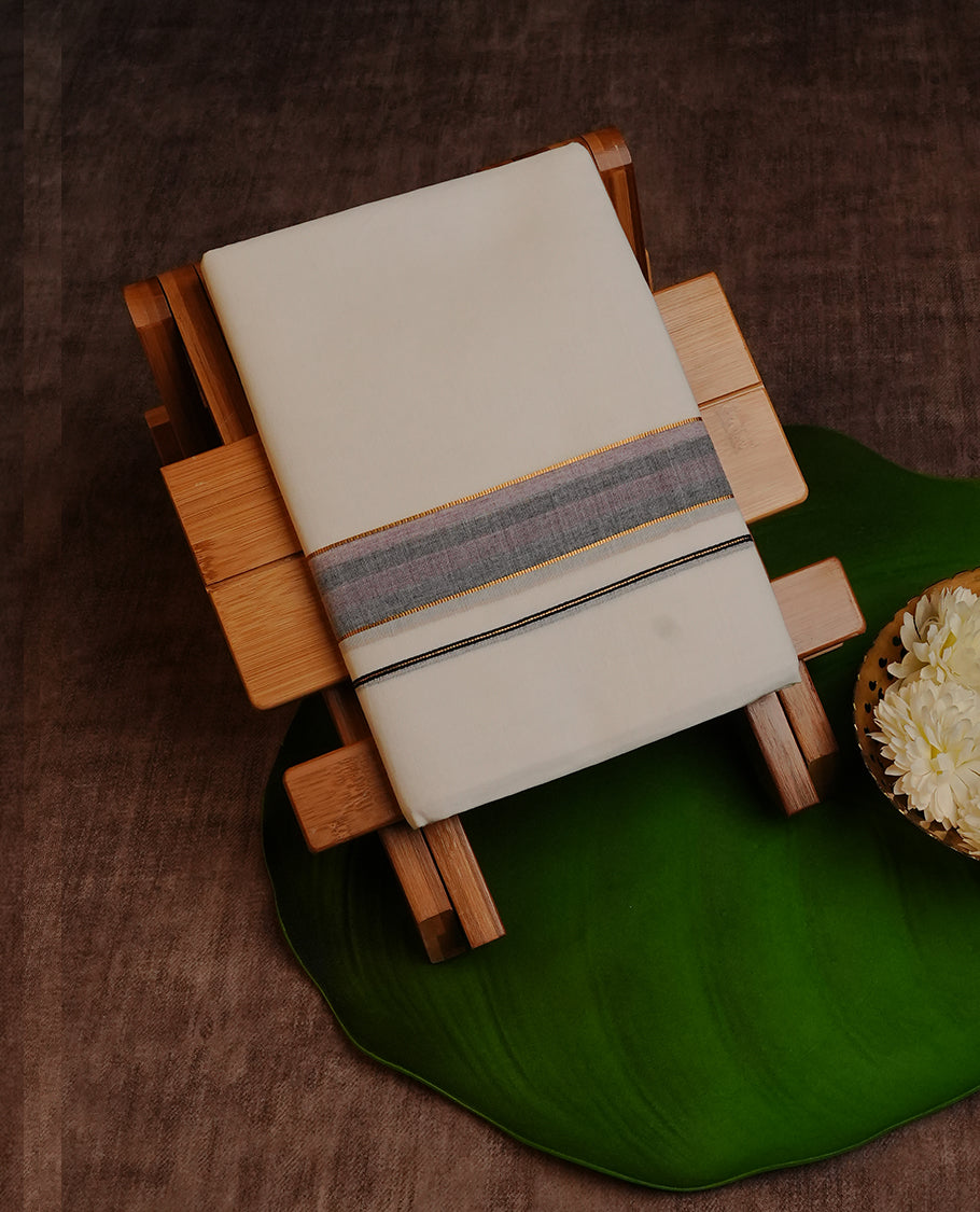 White Colour Cotton Double Dhoti Finished With A Classic Purple ,Navy Blue & Gold Zari Kara