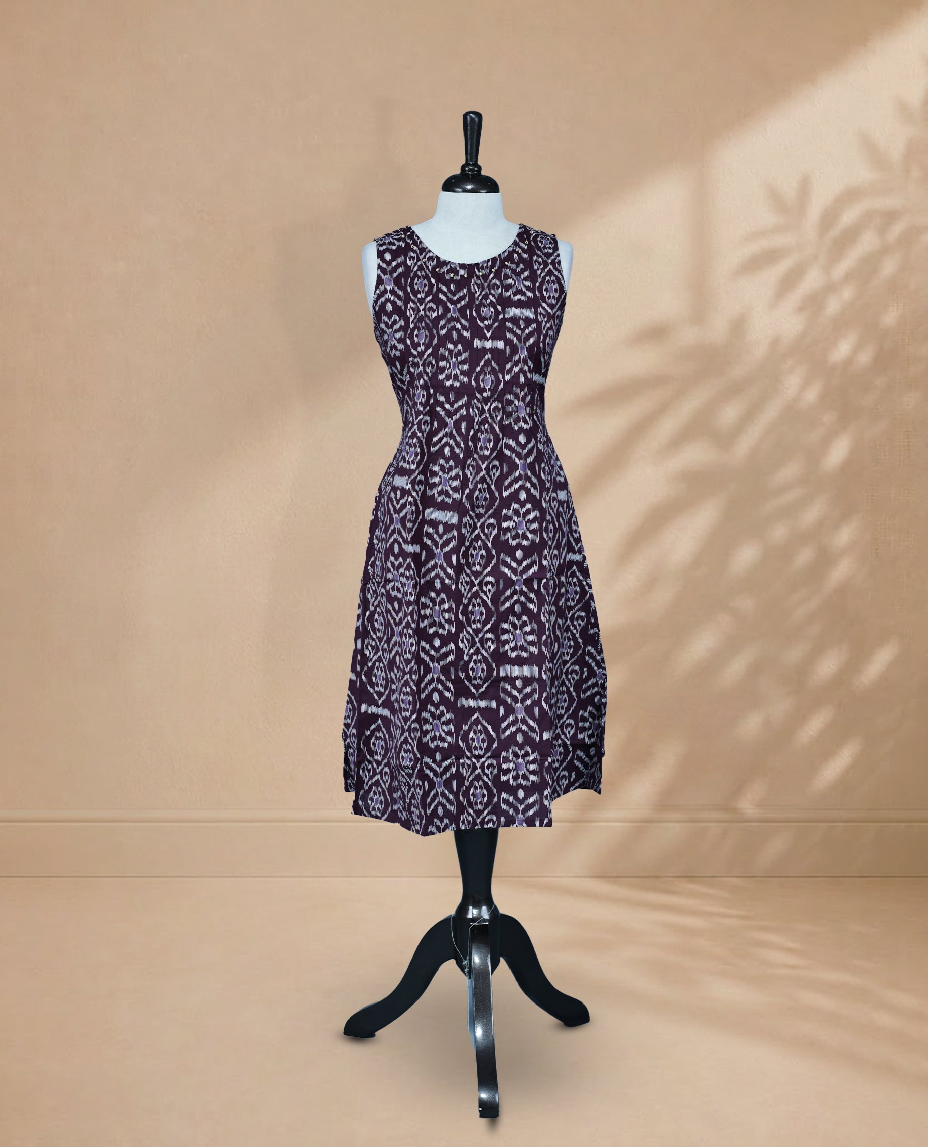 Dark Wine Colour Kurti Featuring Digital Prints On Body, Bead Work On Neck Yoke, Round Neckline & Sleeveless
