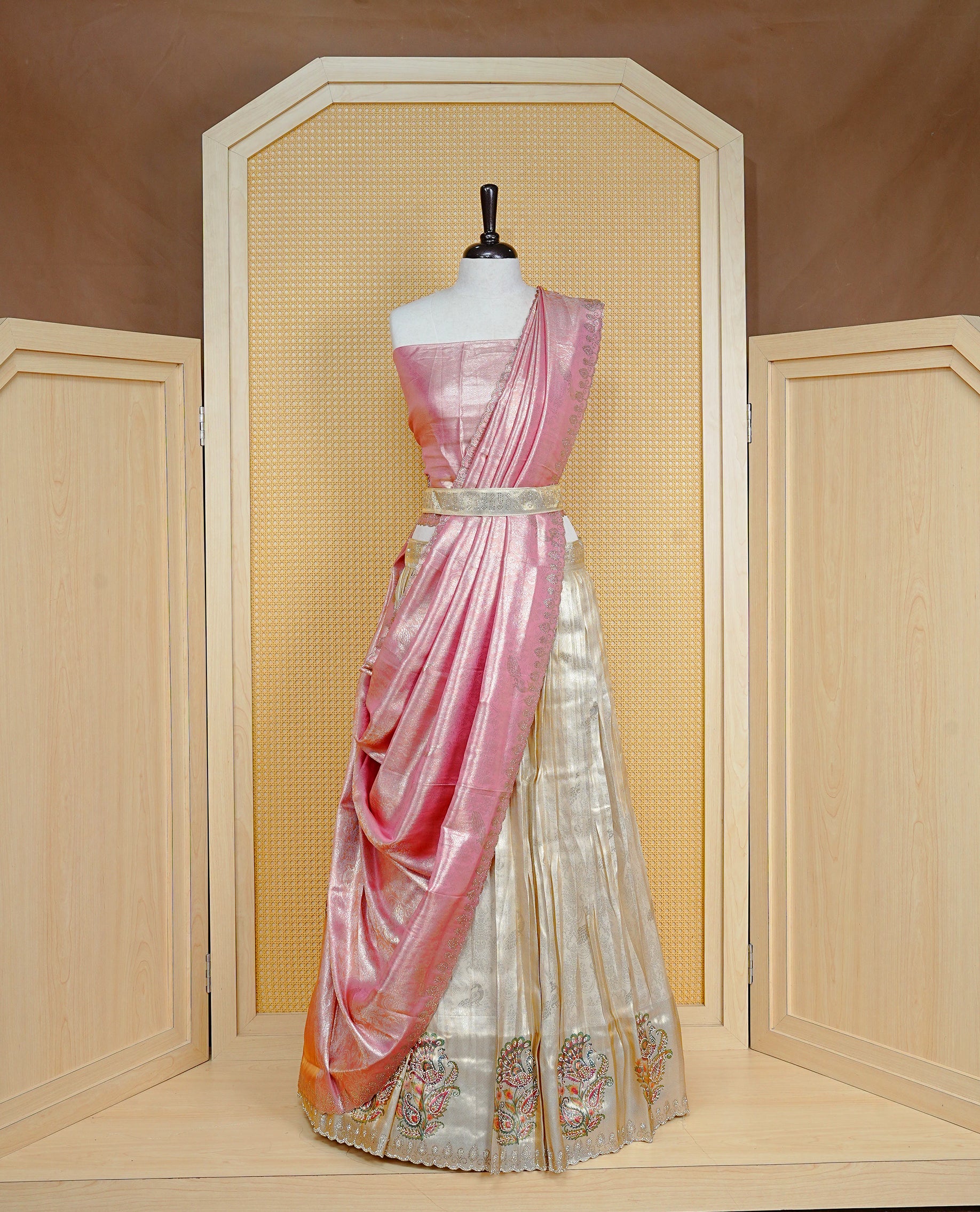Light gold & Light pink Semi Stitched Dhavani Set Light Gold Skirt With Peacock Pattern With Stone Worked Border, Paired with Unstitched Blouse, Elegant Dupatta For Prefect look.