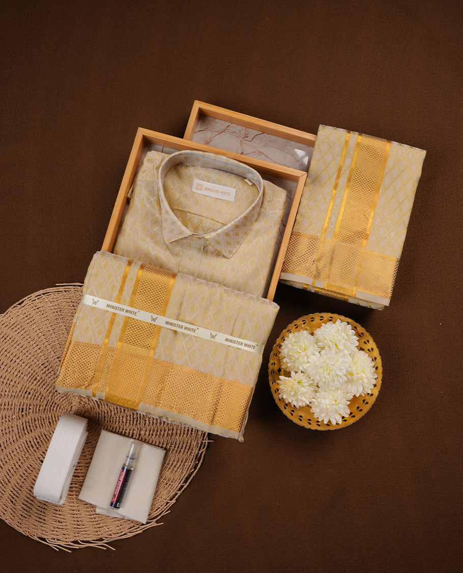 Fawn Gold colour MINISTER WHITE shirt paired with a matching dhoti, finishing with a Gold border