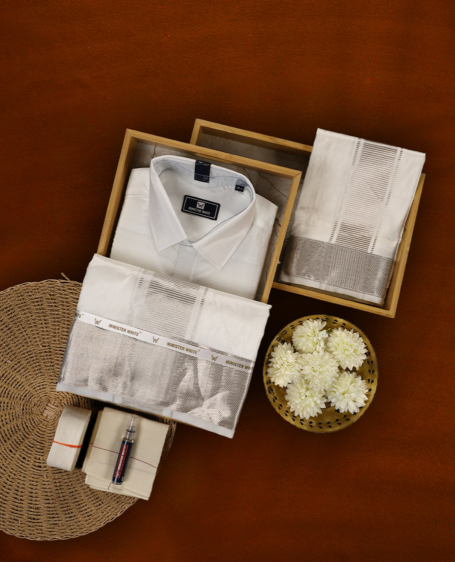 White silver colour MINISTER WHITE shirt with a smooth finish, paired with a matching white dhoti accentuated by an elegant silver zari border, creating a timeless and graceful traditional ensemble.
