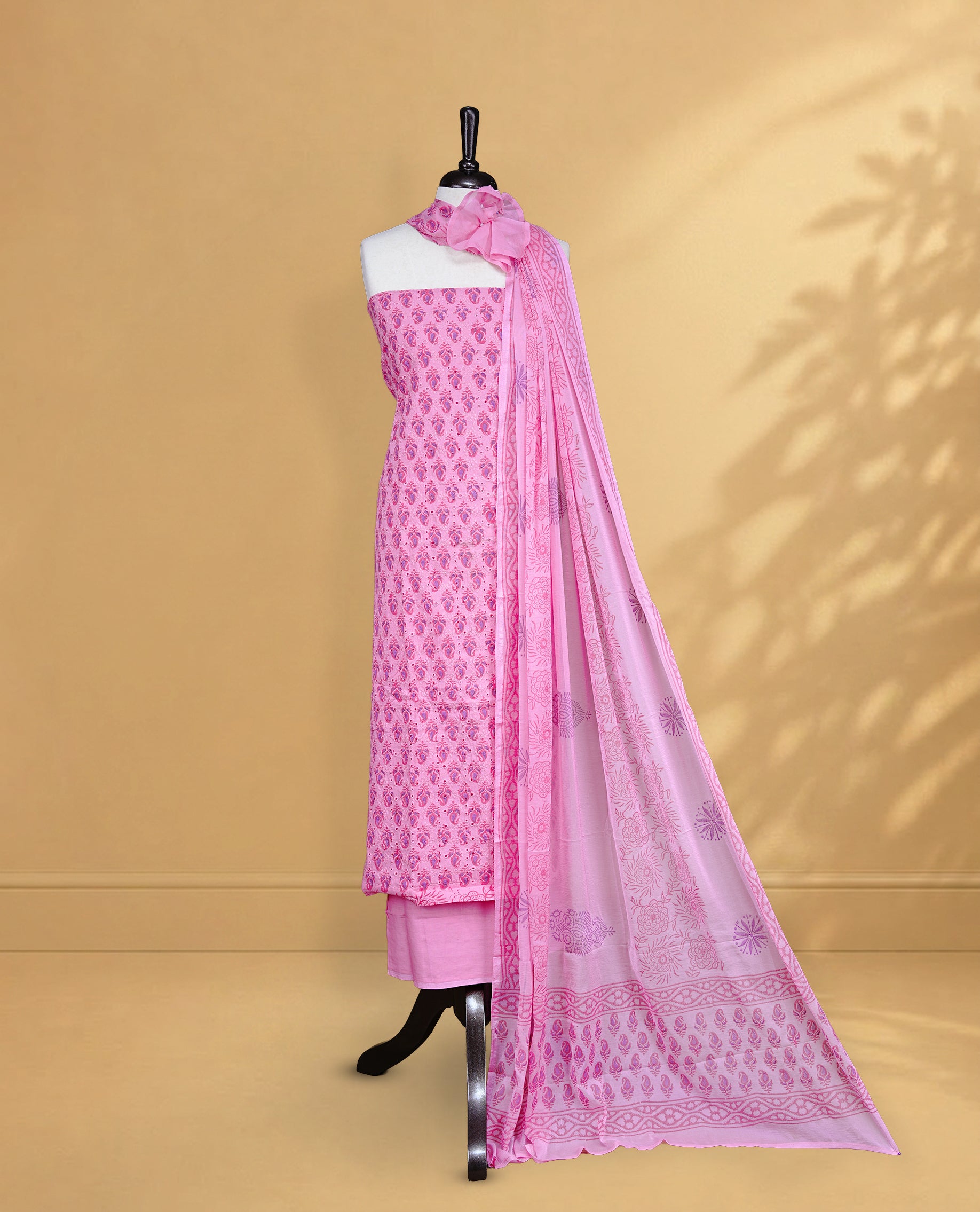 Pink Colour Salwar Material Featuring Thread & Hokoda, Mango print Work On Body, paired with matching bottom & Dupatta.