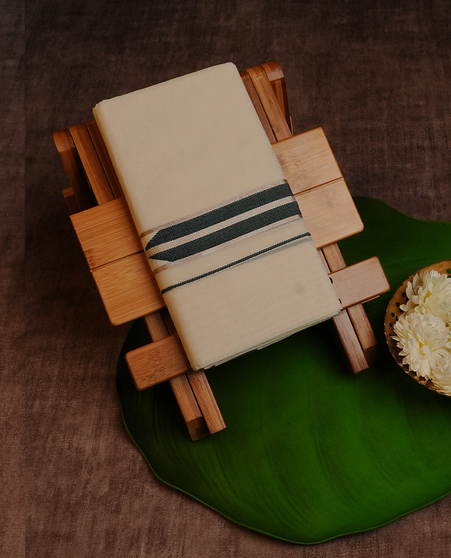 Cream Colour Cotton Double Dhoti Finished With A Classic Body ,Featuring Green & Light Gold Kara