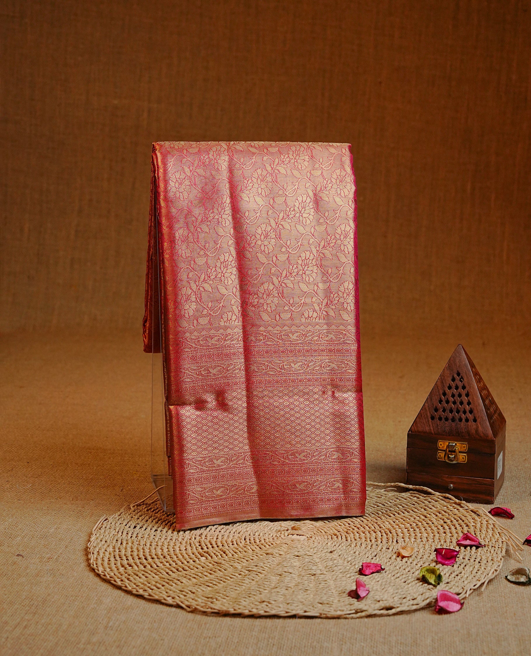 Magenta & Gold colour Double shade Semi tissue silk saree featuring Gold zari kodi pattern on body, self colour with traditional border, paired with matching.