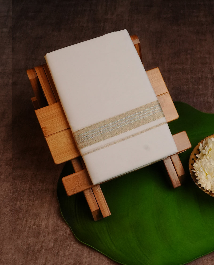 White Colour Cotton Double Dhoti Finished With A Classic Body ,Gold & Silver Zari Kara