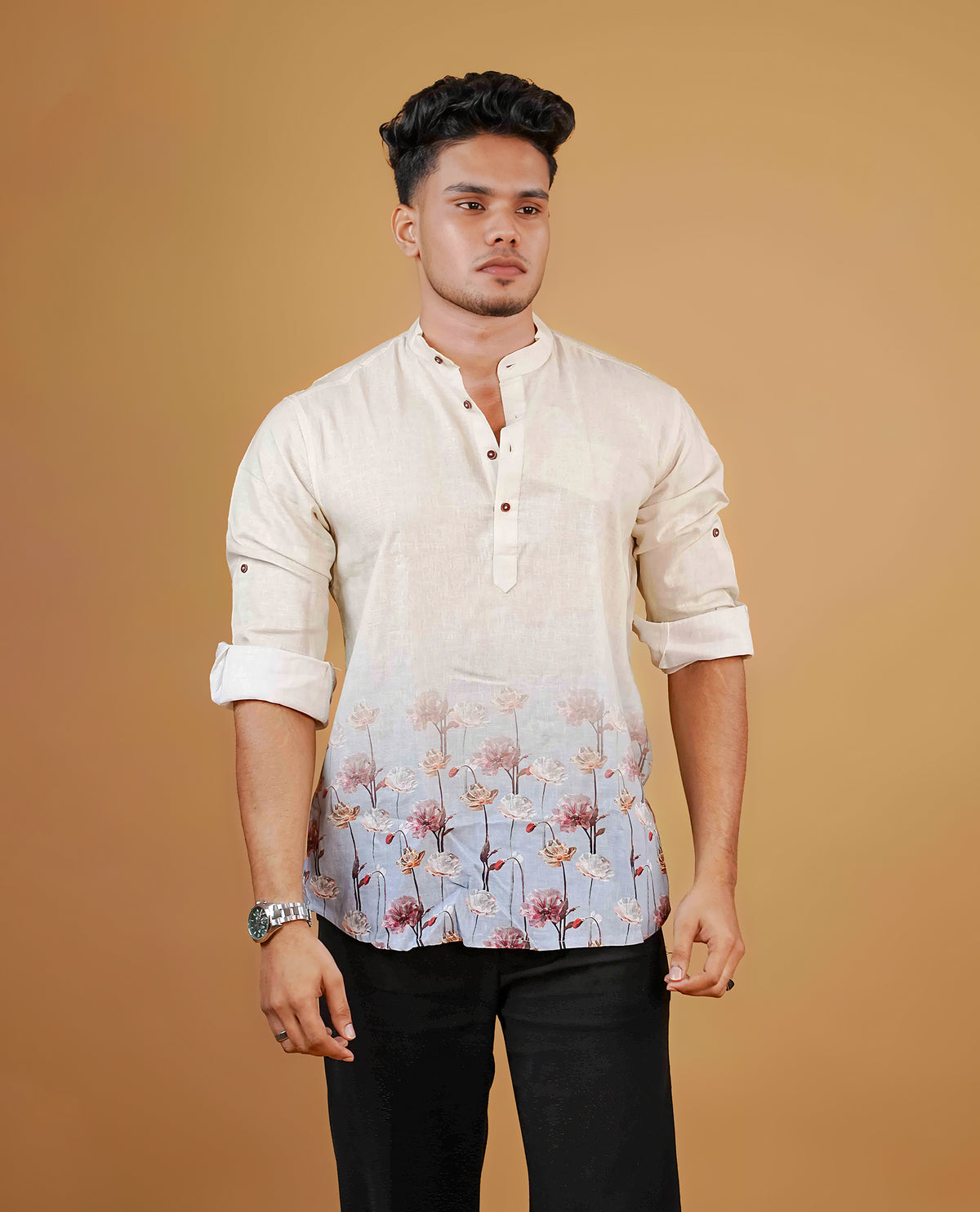 Cream colour men's kurta featuring elegant Print on the body, complemented by sleeves for a refined and festive look.