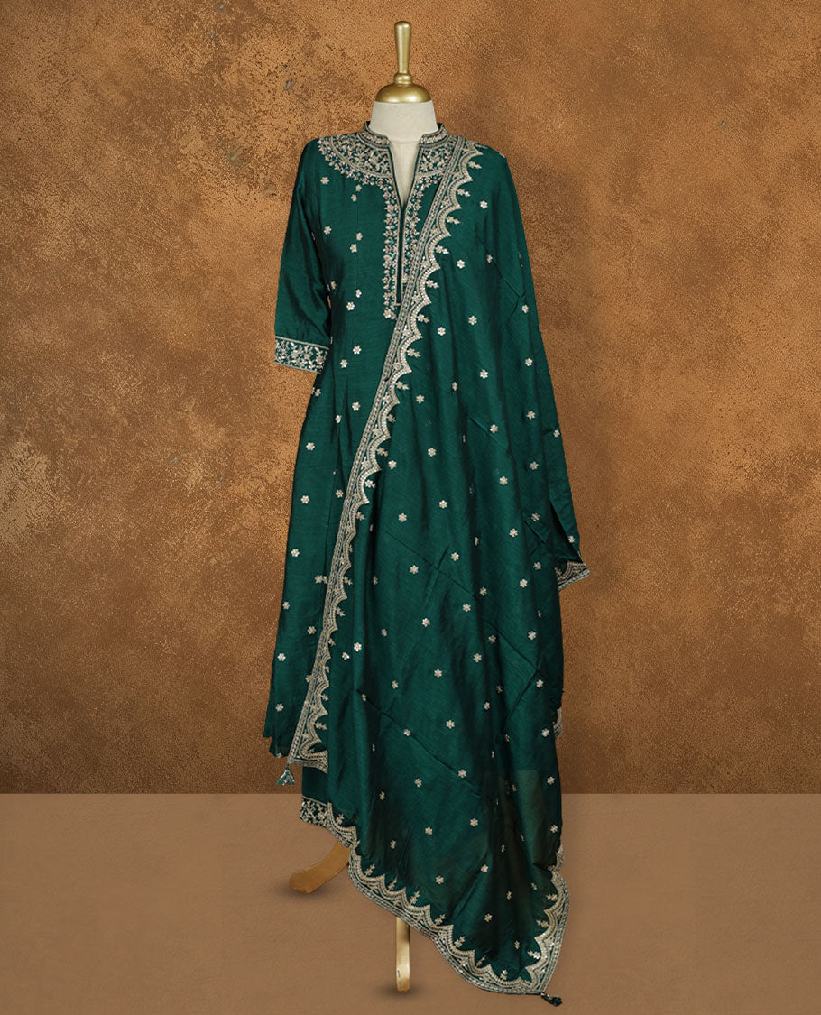 Dark Green colour churidar set featuring thread and embroidered and beats pattern neckline, sleeves, and thread embroidery on body , Paired with a matching dupatta