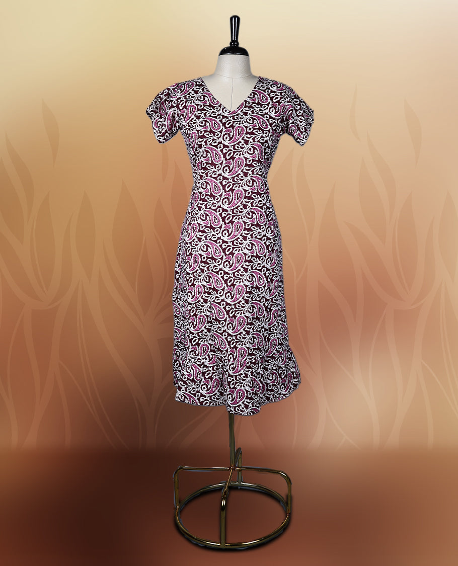 Chic printed nightwear featuring a deep grape colour and white paisley design, V neckline and short sleeves offer comfort, while the flared hem adds grace & Perfect for everyday wear or semi casual occasions.