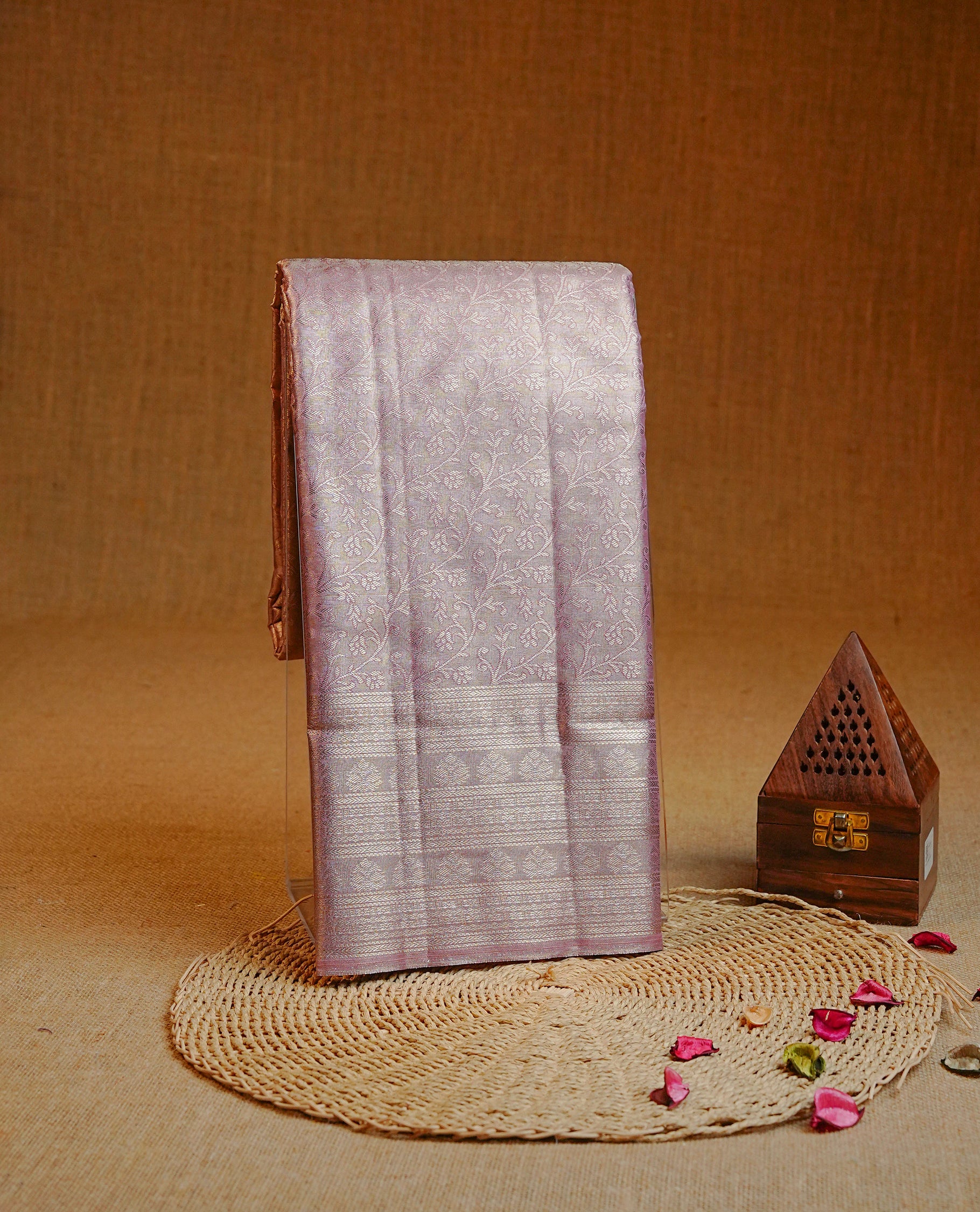 Lavender & Silver colour Double shade Semi tissue silk saree featuring silver zari kodi pattern on body, self colour with traditional border, paired with matching.