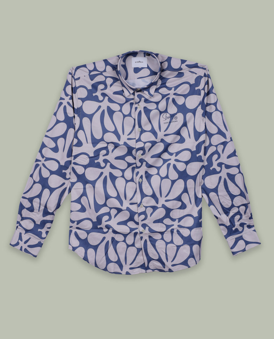 Blue colour shirt featuring a subtle self print design, Designed with a classic collar and full sleeves, it blends effortless style with everyday comfort.