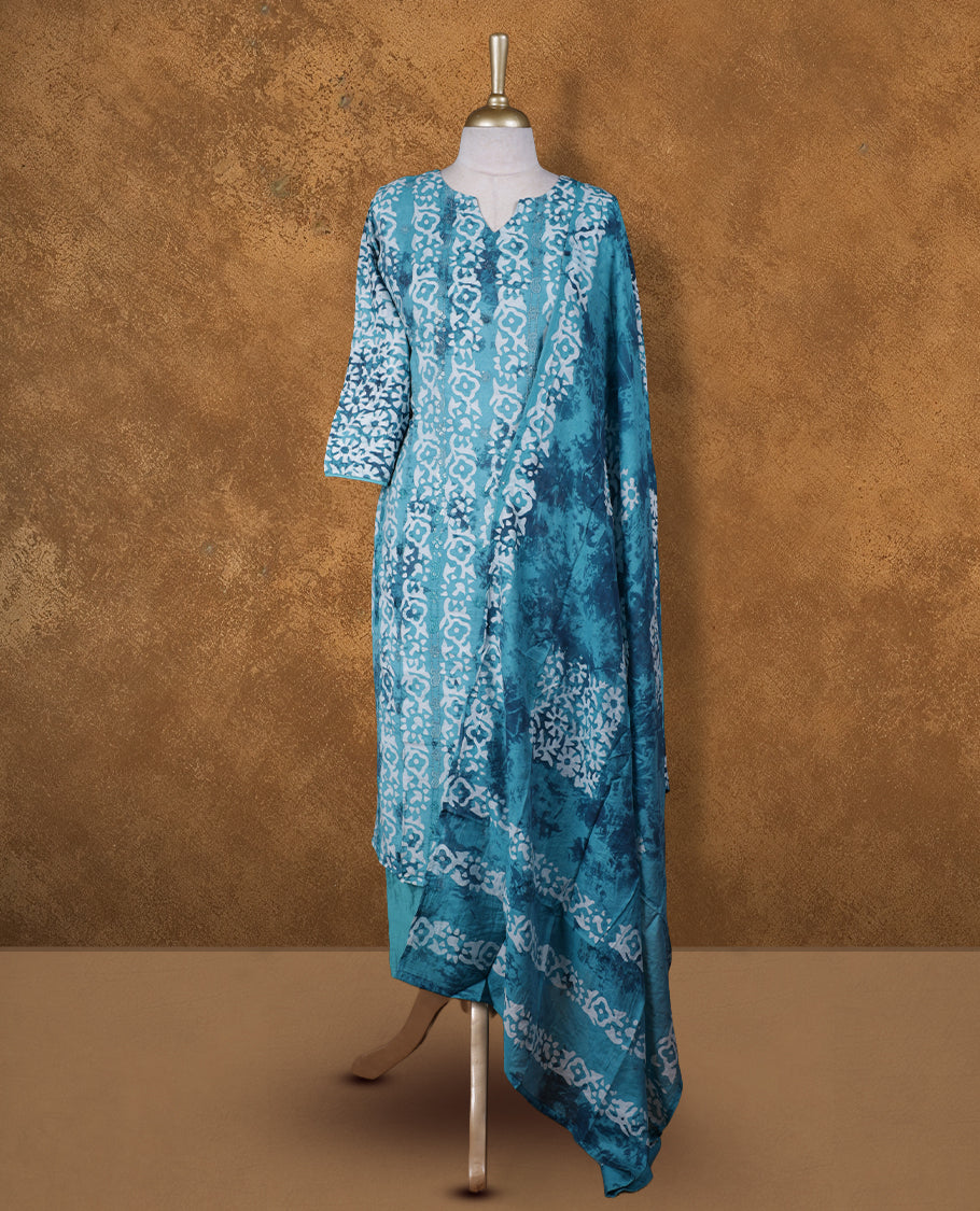 Blue and white colour churidar set featuring Round with spilt neckline, sleeves, and White floral pattern across the body, Paired with a matching dupatta