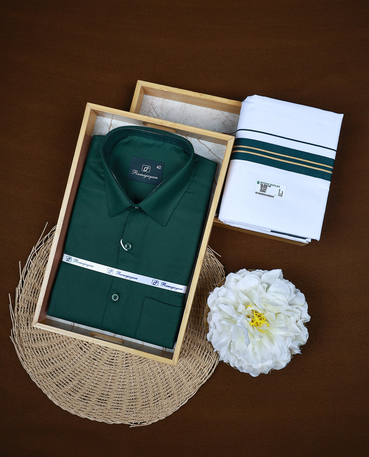 Dark Green colour RAMAJAYAM shirt paired with a matching dhoti, finishing with a Green kara