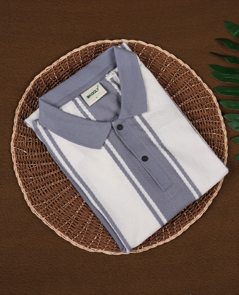 Grey and white striped men’s polo T shirt featuring a classic collar with button placket, short sleeves, and a regular fit crafted from soft, breathable fabric for everyday comfort and style