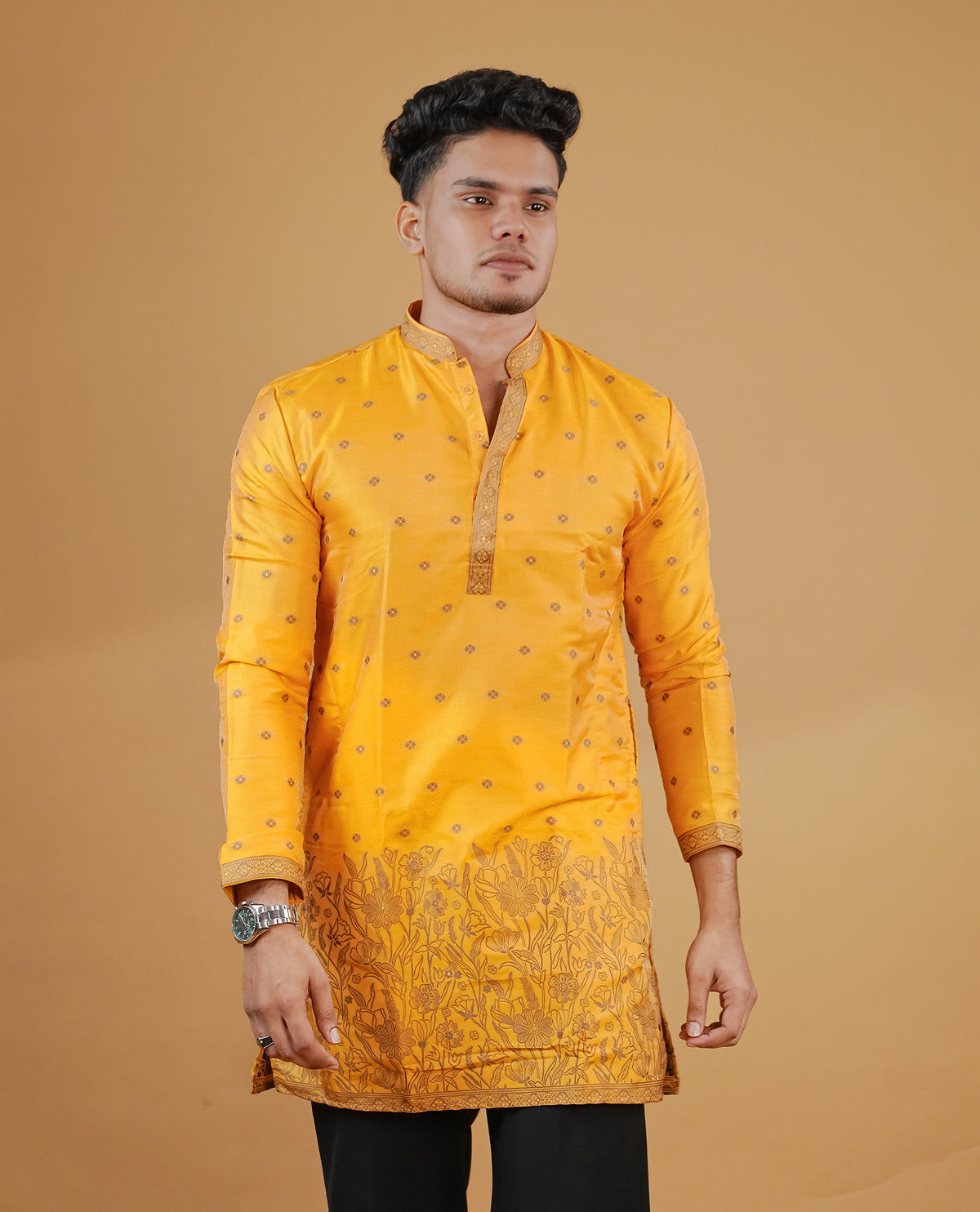 Mustard Yellow colour men's kurta featuring elegant gold zari Motifs on the body, complemented by full sleeves for a refined and festive look.