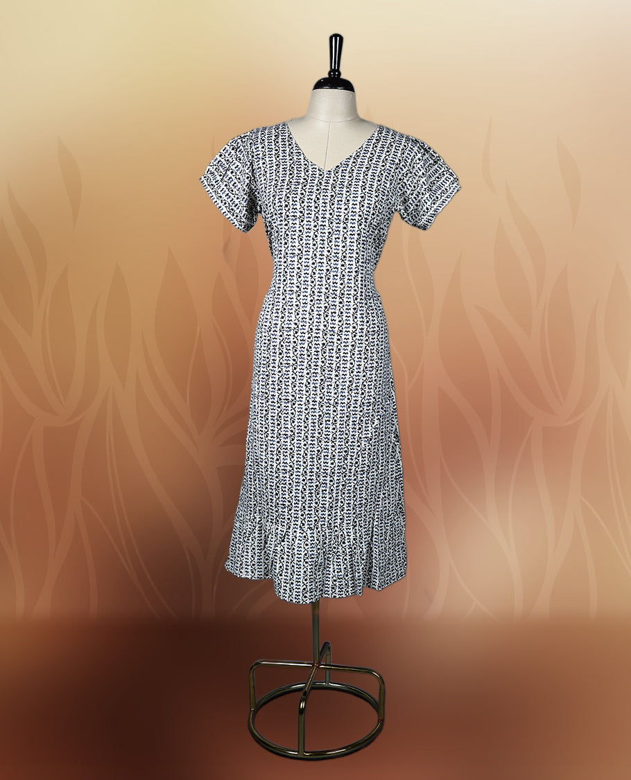 Off white, blue & black colour paisley print night wear with a flattering V neckline & Designed for comfort & style, A perfect pick for casual days, summer outings, or light festive wear.