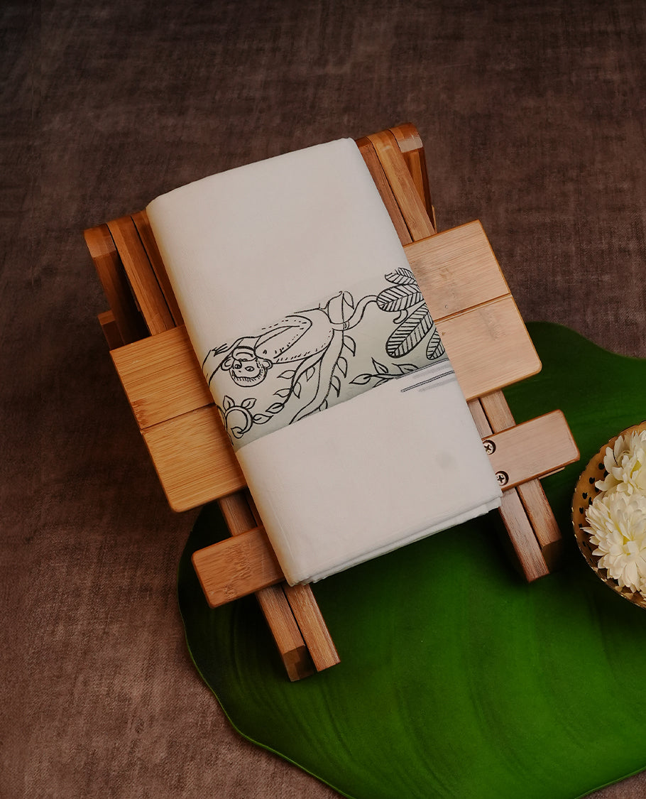 White colour cotton double dhoti Featuring Plain with Animal Printed kara