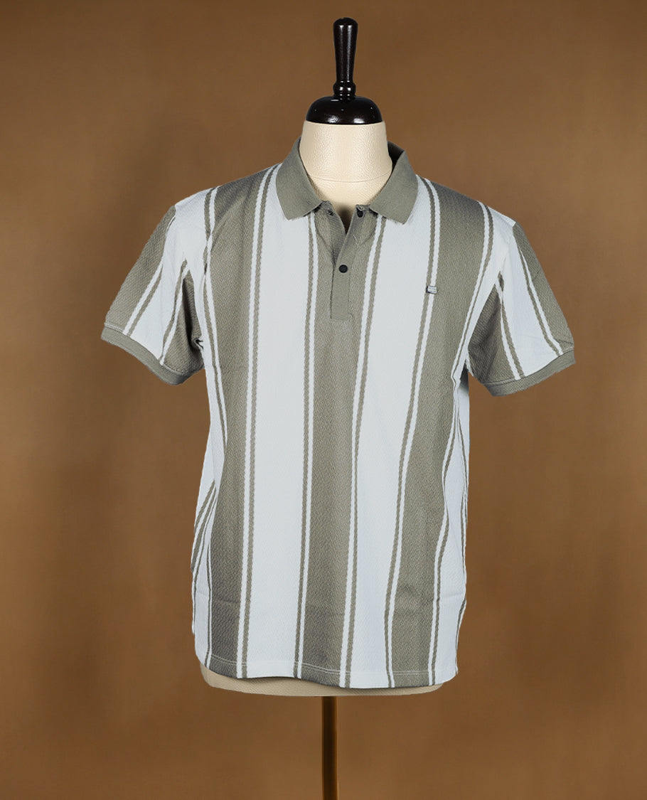 Grey and white striped men’s polo T shirt featuring a classic collar with button placket, short sleeves, and a regular fit crafted from soft, breathable fabric for everyday comfort and style