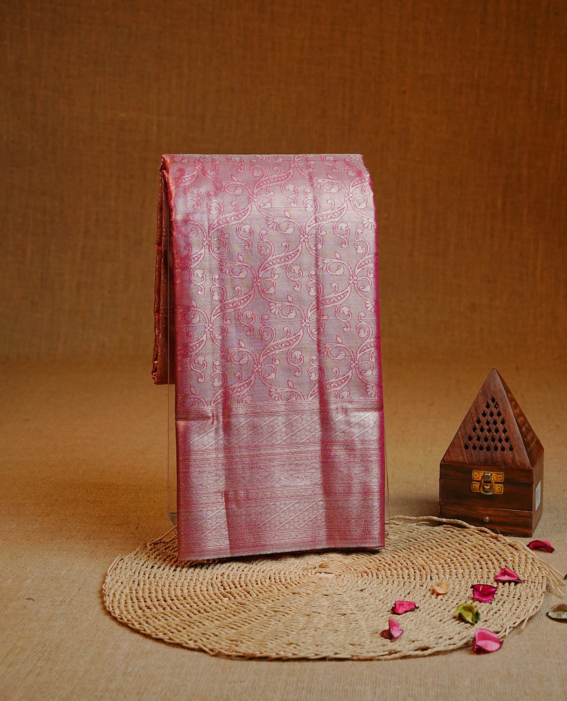Magenta & Light gold colour Double shade Semi tissue silk saree featuring gold zari kodi pattern on body, self colour with traditional border, paired with matching.