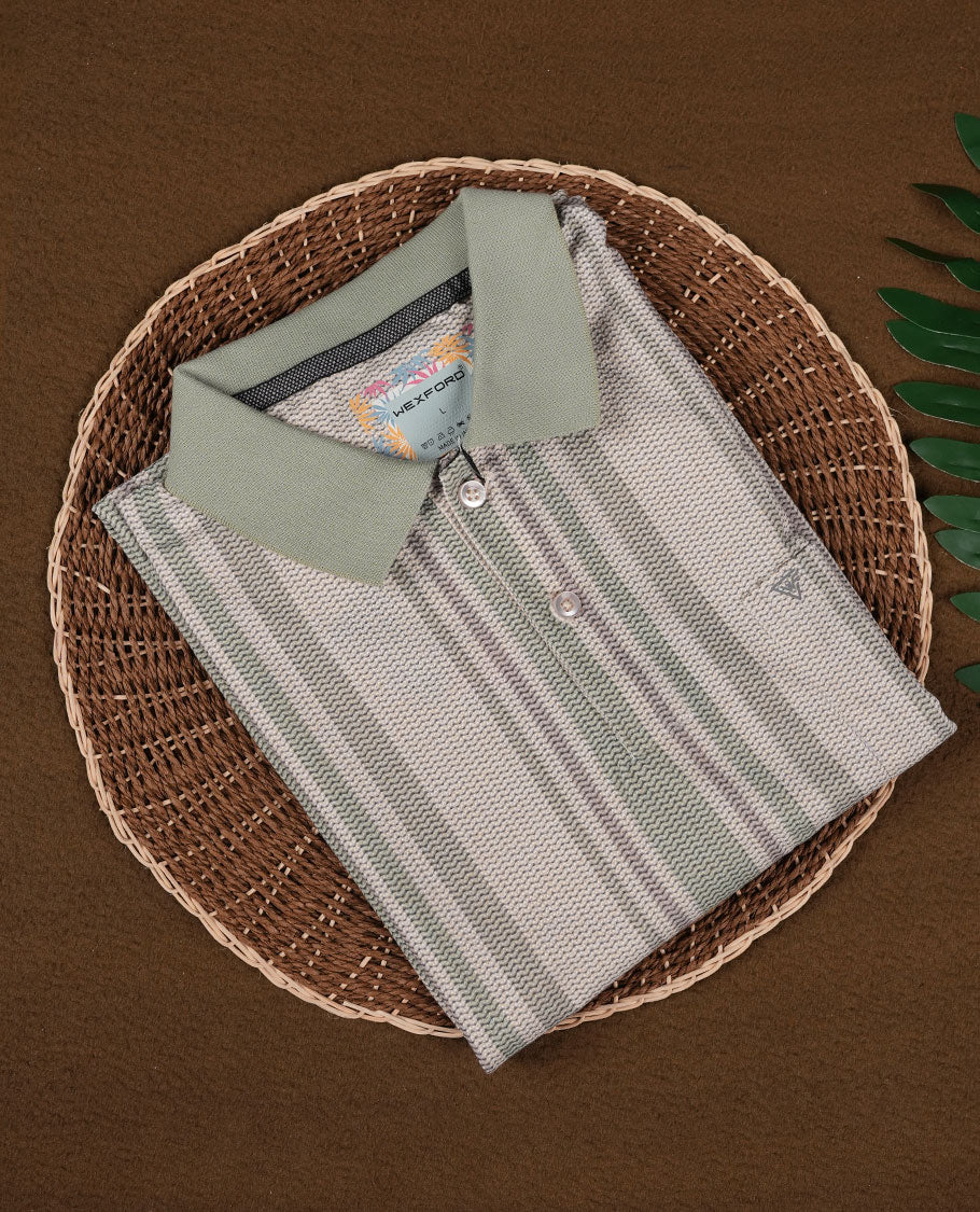 Sage green colour polo T shirt featuring a vertical striped pattern in beige, white, and grey, designed with a classic polo collar and short sleeves & made from soft breathable fabric for a relaxed and stylish everyday look.