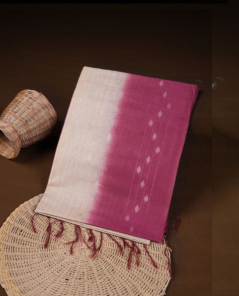 Cream & Maroon dye pattern colour semi jute saree highlighting white stripped body, without border and paired with matching blouse.