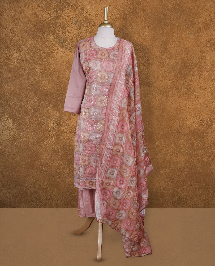 Dusty pink colour churidar set featuring U neckline, sleeves, and thread embroidery printed pattern on body , Paired with a matching dupatta